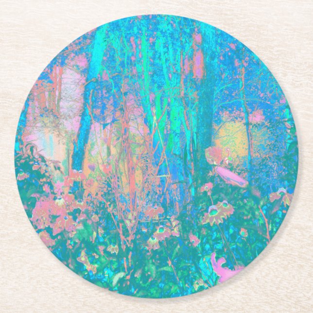 Trippy Aqua Sunrise med Psychedelic Flowers Underlägg Papper Rund (Framsidan)