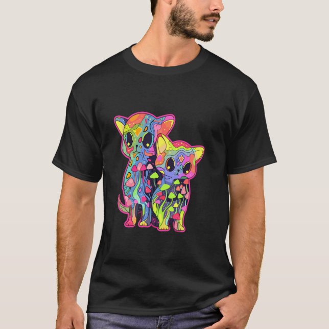 Trippy Art Mushroom Cat Psychedelic Festival T Shirt (Framsida)