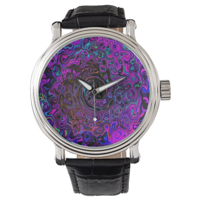 Trippy Black and Magenta Retro Liquid Swirl Armbandsur (Framsida)