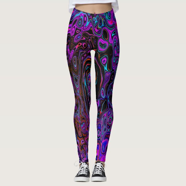 Trippy Black and Magenta Retro Liquid Swirl Leggings (Framsida)