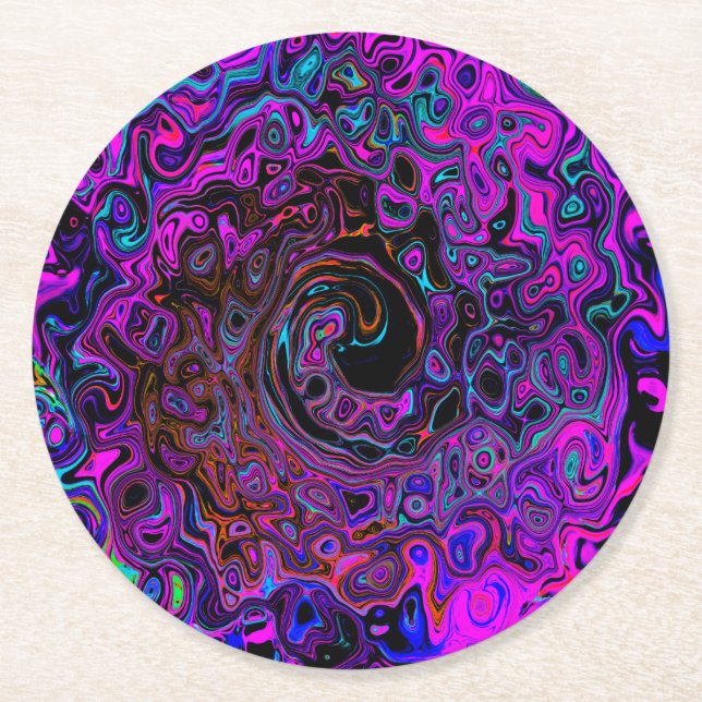 Trippy Black and Magenta Retro Liquid Swirl Underlägg Papper Rund (Framsidan)