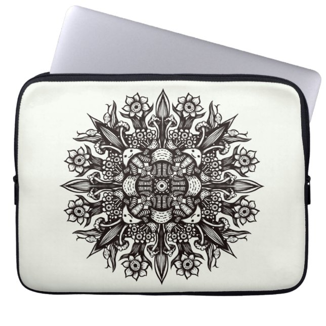 Trippy black-white coola psychedelic mandala laptop fodral (Framsidan)