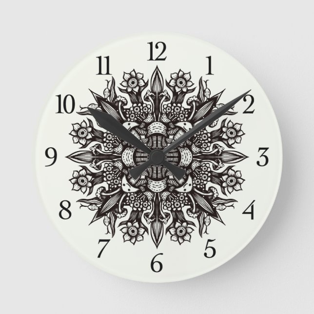 Trippy black-white coola psychedelic mandala rund klocka (Framsida)