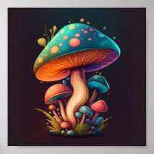 Trippy Blue Amanita Muscaria mushroom poster