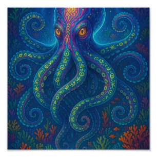 Trippy Blue Octopus Fototryck