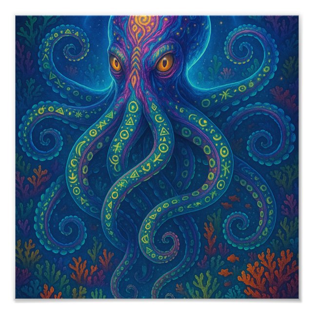 Trippy Blue Octopus Fototryck (Framsidan)