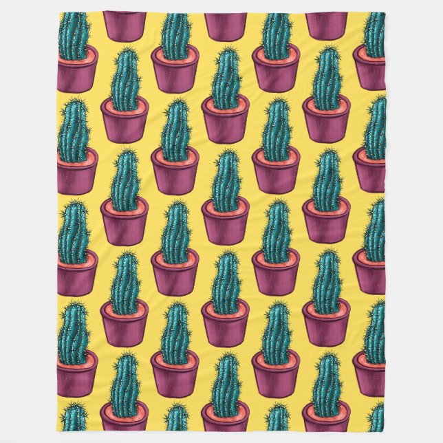 Trippy Cactus Mönster Gult Konstig Psychedelic Fleecefilt (Framsidan)