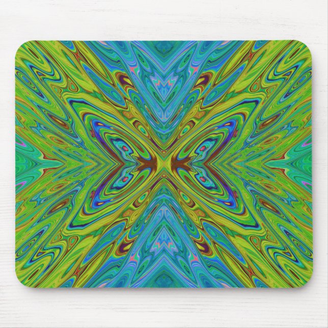 Trippy Chartreuse och Blue Abstrakt Butterfly Musmatta (Framsidan)