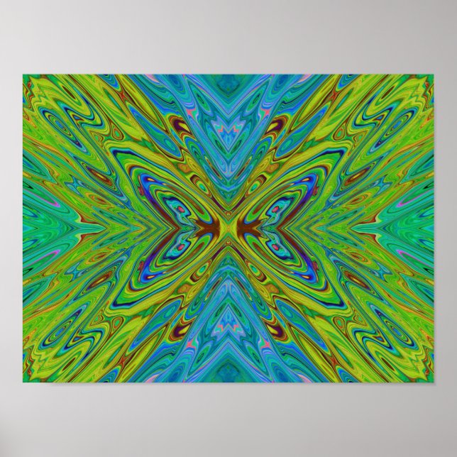 Trippy Chartreuse och Blue Abstrakt Butterfly Poster (Framsidan)