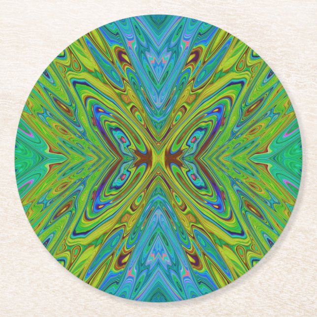 Trippy Chartreuse och Blue Abstrakt Butterfly Underlägg Papper Rund (Framsidan)