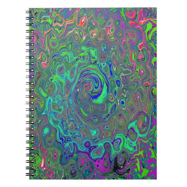 Trippy Chartreuse och Blue Retro Liquid Swirl Anteckningsbok (Framsidan)