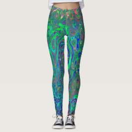 Trippy Chartreuse och Blue Retro Liquid Swirl Leggings
