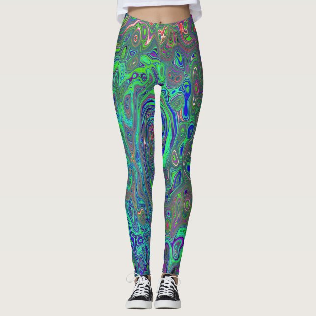Trippy Chartreuse och Blue Retro Liquid Swirl Leggings (Framsida)