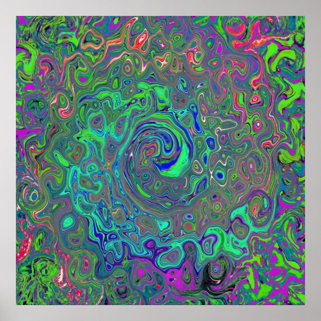 Trippy Chartreuse och Blue Retro Liquid Swirl Poster (Framsidan)