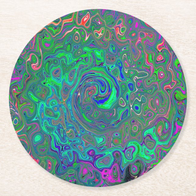 Trippy Chartreuse och Blue Retro Liquid Swirl Underlägg Papper Rund (Framsidan)