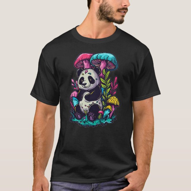 Trippy EDM Mushroom Art Party Panda T Shirt (Framsida)