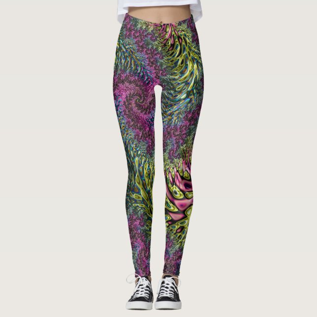 Trippy Funky Groovy Digital Abstrakt Fractal Art Leggings (Framsida)