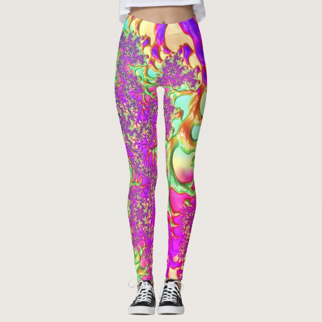 Trippy Funky Vibrant Neon Groovy Acid Resa Fractal Leggings (Framsida)