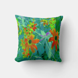 Trippy Gult och Red Wildblommor på Retro Blue Kudde