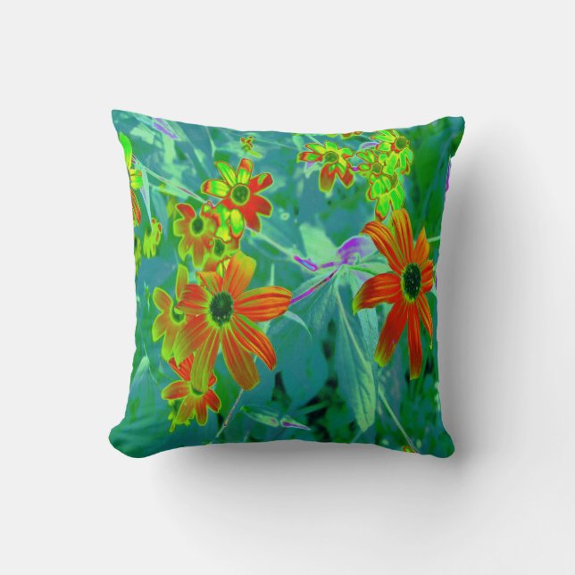 Trippy Gult och Red Wildblommor på Retro Blue Kudde (Framsida)