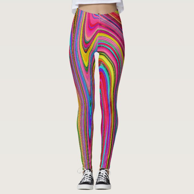 Trippy Gult, Red and Blue Abstrakt Groovy Art Leggings (Framsida)