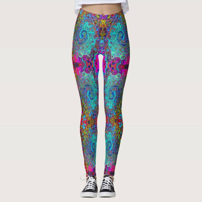 Trippy Himlar Blue Abstrakt Retro Liquid Swirl Leggings (Framsida)