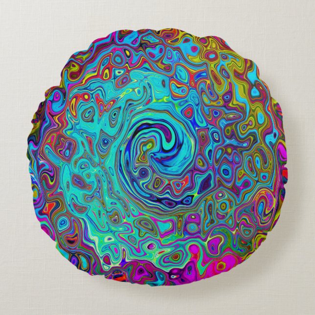 Trippy Himlar Blue Abstrakt Retro Liquid Swirl Rund Kudde (Framsidan)