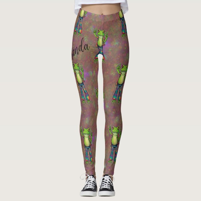 Trippy Hippie Psychedelic Frog Peace Retro Anpassn Leggings (Framsida)