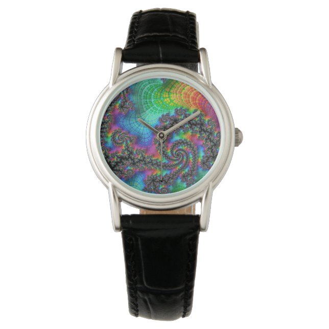 Trippy Hippie Psychedelic Rainbow Spiral Fractal Armbandsur (Framsida)