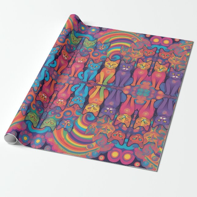 Trippy Hippy Cats Vivid Färg Psychedelic Presentpapper (Utrullad)