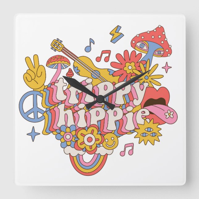 Trippy Hippy Fyrkantig Klocka (Framsida)