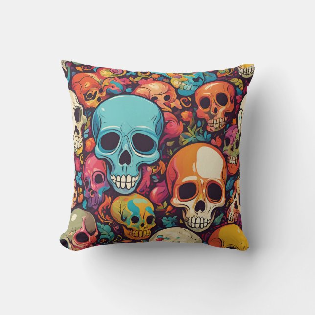 Trippy Hippy Skull Colorful Patterned Psychedelic Kudde (Framsida)