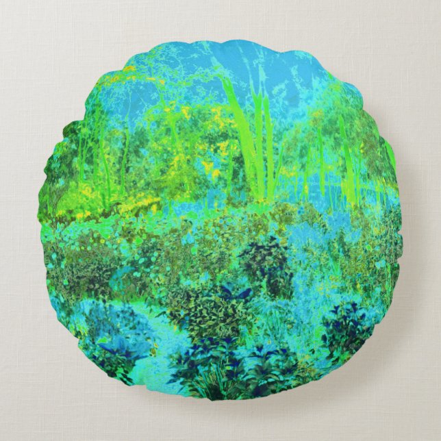 Trippy Lime Green and Blue Garden Ligcape Rund Kudde (Framsidan)