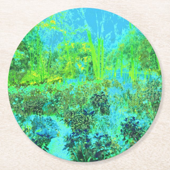 Trippy Lime Green and Blue Garden Ligcape Underlägg Papper Rund (Framsidan)
