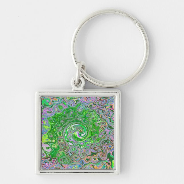 Trippy Lime Green and Rosa Abstrakt Retro Swirl Fyrkantig Silverfärgad Nyckelring (Framsidan)