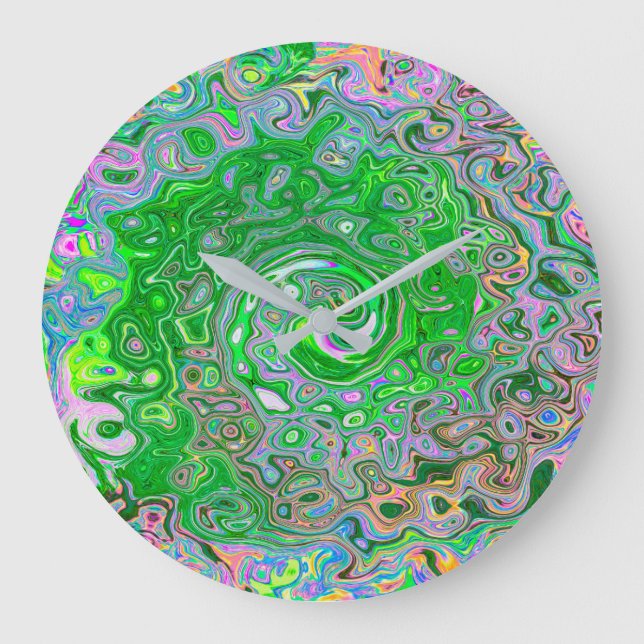 Trippy Lime Green and Rosa Abstrakt Retro Swirl Stor Klocka (Framsida)