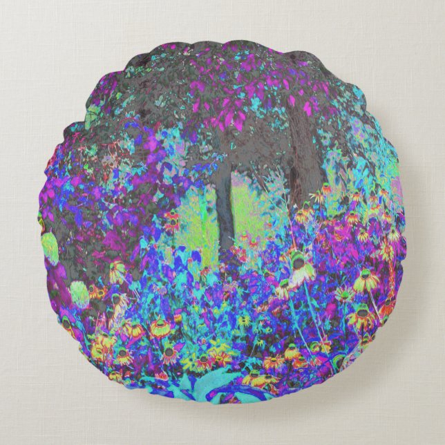 Trippy Lime Green och Lila Garden Sunrise Rund Kudde (Framsidan)