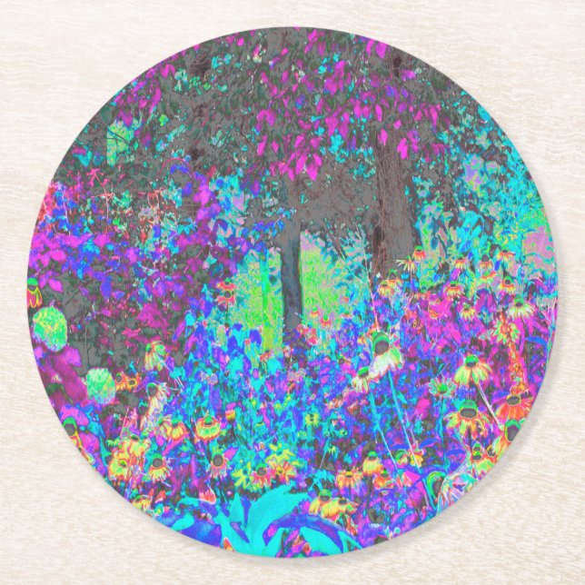 Trippy Lime Green och Lila Garden Sunrise Underlägg Papper Rund (Framsidan)