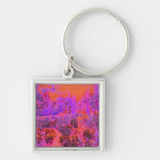 Trippy Magenta and Orange Impressionistic Garden Fyrkantig Silverfärgad Nyckelring (Framsidan)