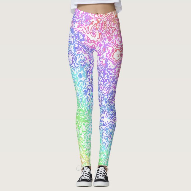 Trippy Maximalist Groovy Boho Bold Rainbow Marble Leggings (Framsida)