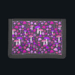 Trippy Mushrooms Retro Purple, Pink, & Black<br><div class="desc">This wallet is decorated with trippy,  psychedelic illustrated mushrooms and flowers in shades of hot pink and bold purple against a black background.</div>