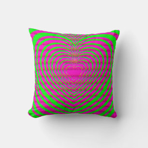 Trippy Neon Rosa Grönt Hypnotic Heart Kärlek Mönst Kudde