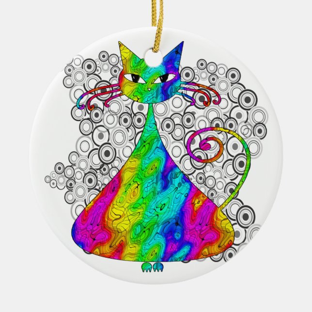 Trippy Psychedelic kattprydnad Julgransprydnad Keramik (Framsidan)