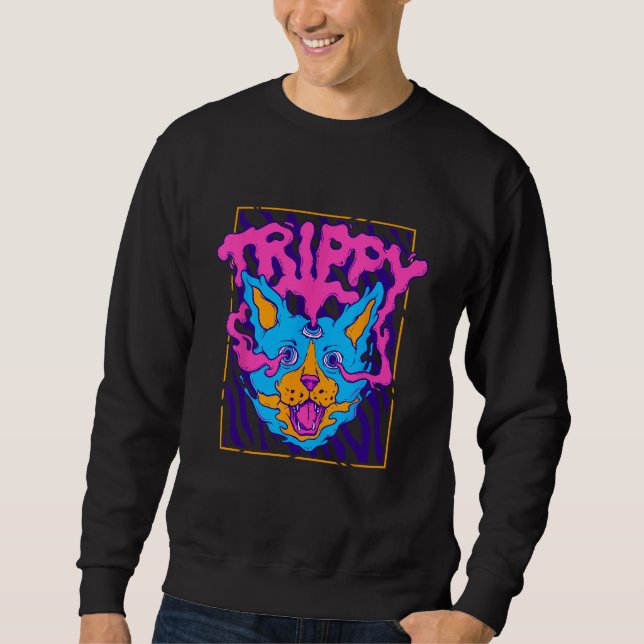 Trippy Psychedelic Konstig Cat Hippie Rave Weirdco Lång Ärmad Tröja (Framsida)