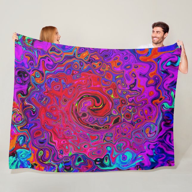 Trippy Red and Lila Abstrakt Retro Liquid Swirl Fleecefilt (På plats)
