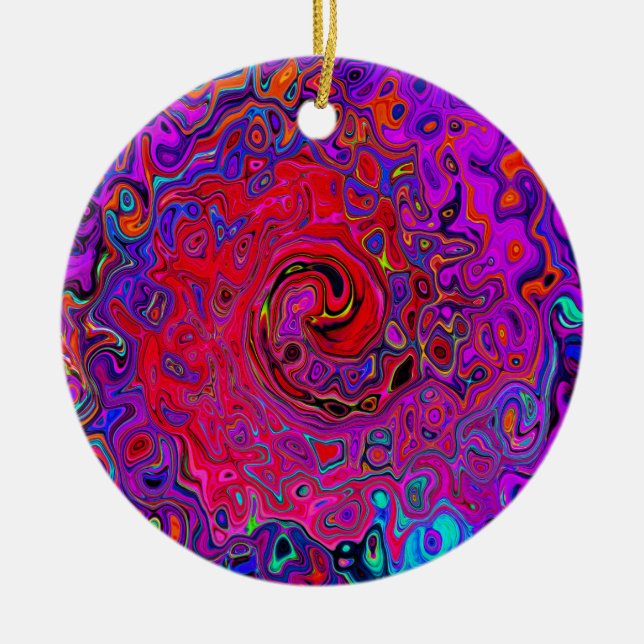 Trippy Red and Lila Abstrakt Retro Liquid Swirl Julgransprydnad Keramik (Framsidan)