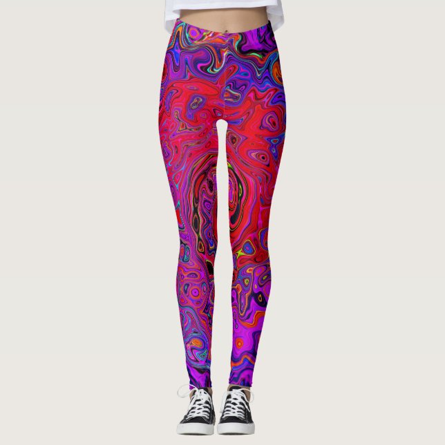 Trippy Red and Lila Abstrakt Retro Liquid Swirl Leggings (Framsida)