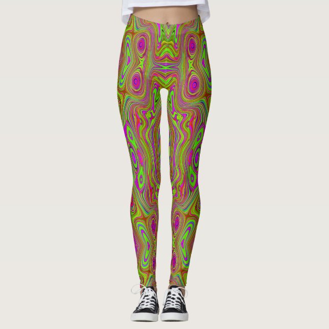 Trippy Retro Chartreuse Magenta Abstrakt Mönster Leggings (Framsida)