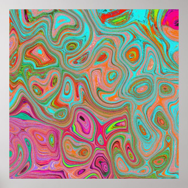 Trippy Retro Orange and Aqua Groovy Abstrakt Art Poster (Framsidan)