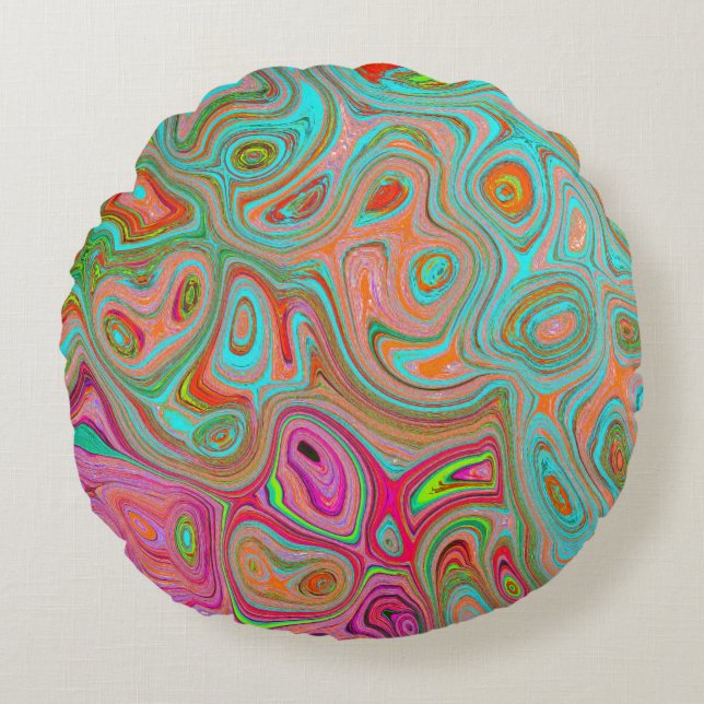 Trippy Retro Orange and Aqua Groovy Abstrakt Art Rund Kudde (Framsidan)